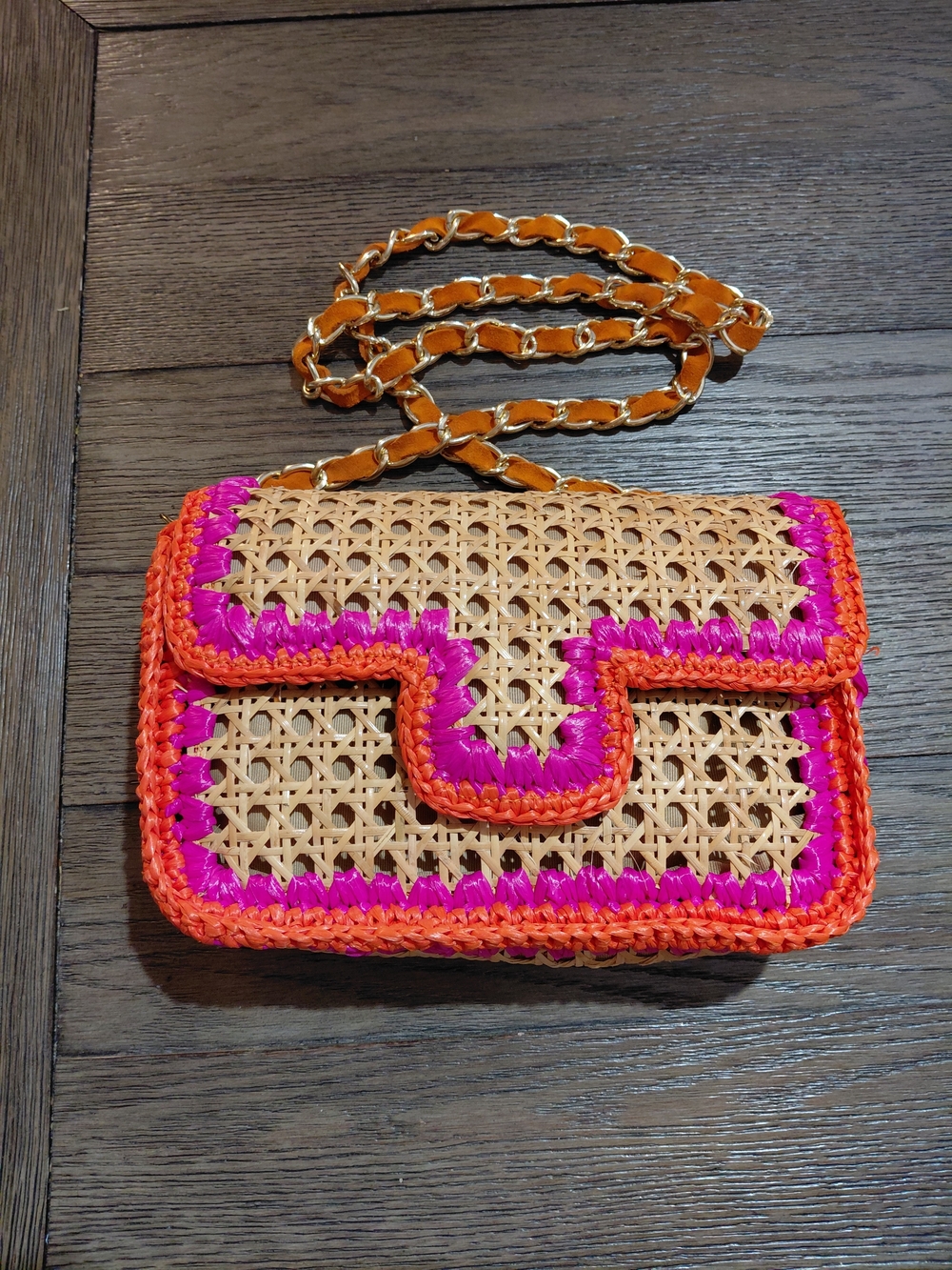 Caterina Bertini Woven Crossbody Bag with Pink and Orange Trim
